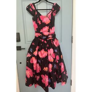 Vintage 1980s Laura Ashley Great Britain Black Pink Floral Dress Full Skirt 8